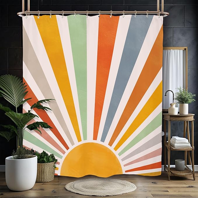 Miyotaa Colorful Sun Rainbow Retro Shower Curtain Set 60Wx71H Inches Minimalist Art Girls Abstract 70s Aesthetic Vintage Pastel Polyester Waterproof Cloth Bathroom Curtain with 12 Hooks