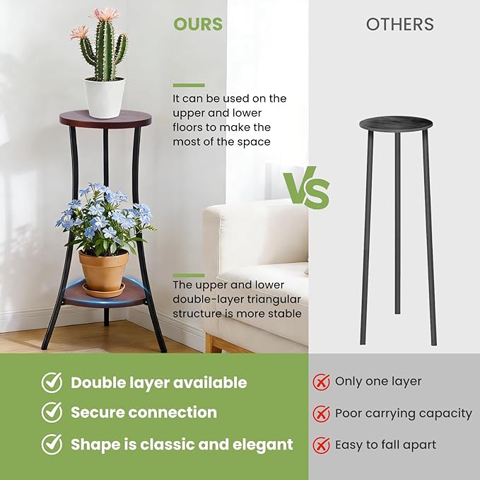 2-Tier Tall Plant Stand Indoor Outdoor, Round Wooden Corner Plant Shelf with Walnut Panel & Black Metal Frame, Modern Flower Pot Holder Rack for Living Room, Balcony, Patio Decor