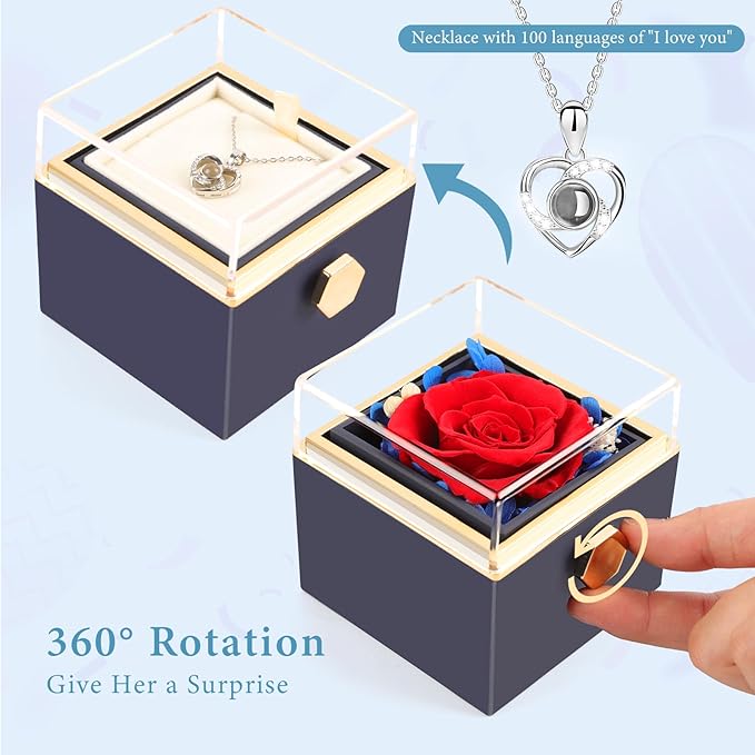 Forever Rose Gifts for Her,Preserved Real Red Flowers Rotating Box with I Love You Necklace 100 Languages,Mothers Day Eternal Rose Rotating Jewelry Box Gifts for Women Mom Wife Girlfriend