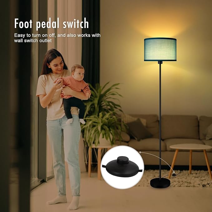 AUQUEE 58" Small Floor Lamp with Foot Pedal Switch, Modern Standing Lamp with Green Linen Shade, Corner Reading Floor Lamps for Bedroom, Office, Apartment & Small Spaces - Black Pole Lamp