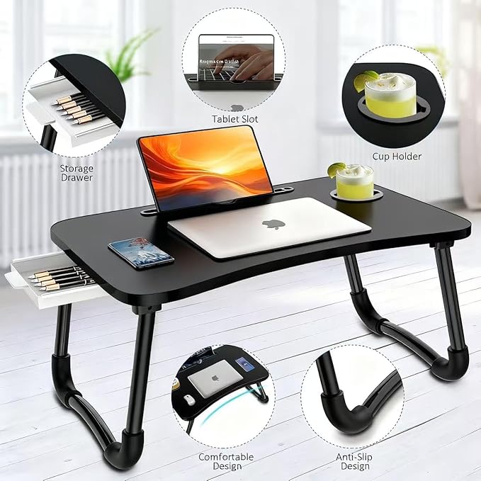 Fayquaze Laptop Bed Table, Portable Foldable Laptop Bed Desk with Storage Drawer and Cup Holder, Lap Desk Lap Stand Tray Table Floor Table Serving Tray for Eating, Reading and Working