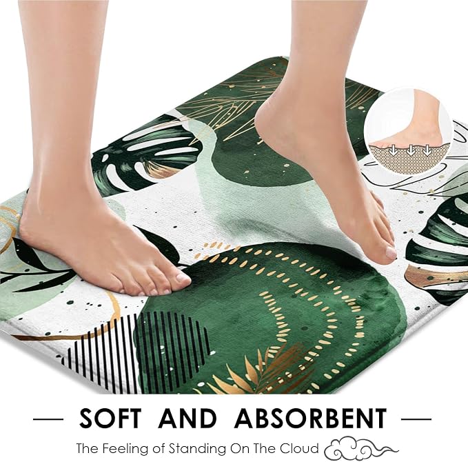 Sage Green Boho Shower Curtain Set with Toilet Lid Cover and Non-Slip Rugs, Mid Century Plant Abstract Olive 4 Pcs Modern Shower Curtain for Bathroom Set with 12 Hooks