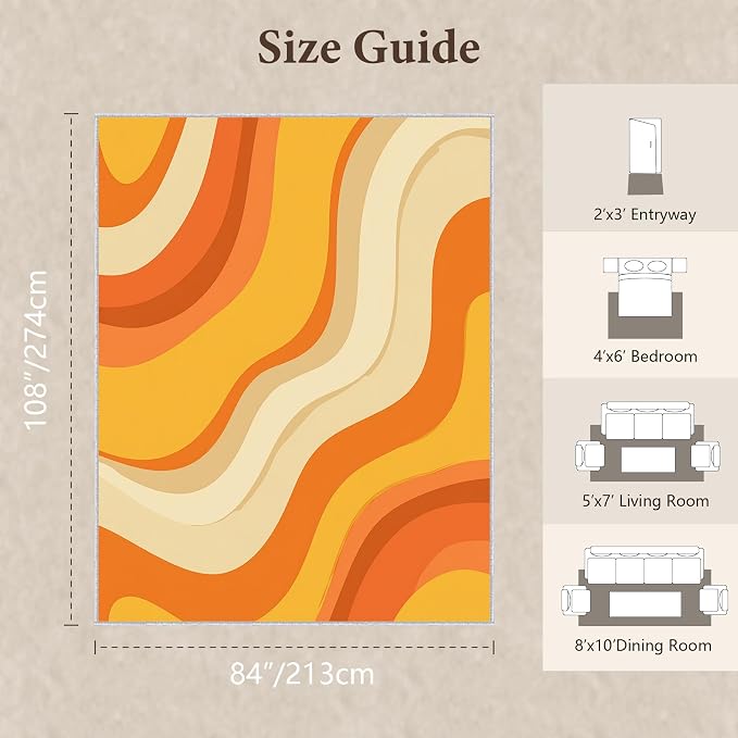 Sunset Flow Area Rug 7x9, Modern Abstract Wave Rug, Retro Orange Neutral Carpet for Living Room Bedroom, Soft Non Slip Washable Rug