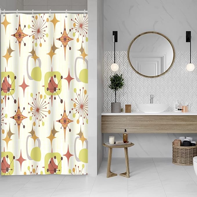 Mid Century Shower Curtain, 48x72inch, Modern Abstract Retro Yellow Striped Geometric Shower Curtain Sets 1950s Boho Bathroom Shower Curtain with 8 Hooks