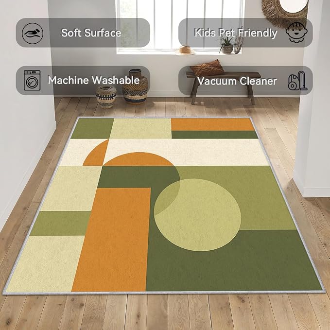 Mid Century Rug 7x8, Washable Modern Geometric Rugs for Living Room Bedroom, Minimalist Area Rug for Home Decor, Non Slip Backing Floor Carpet with Gripper - 7 x 8 ft