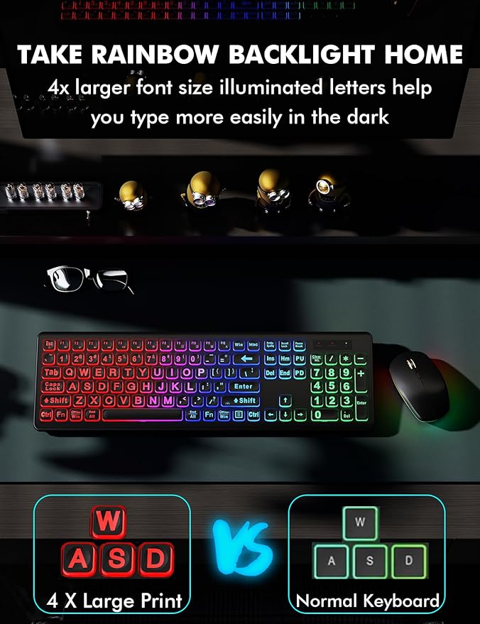 Wireless Keyboard and Mouse Combo, RGB Backlit, Rechargeable & Light Up Letters, Full-Size, Soft Typing, Sleep Mode, 2.4GHz Quiet Keyboard Set for Mac, Windows, Laptop, PC, Trueque (Matte Black)