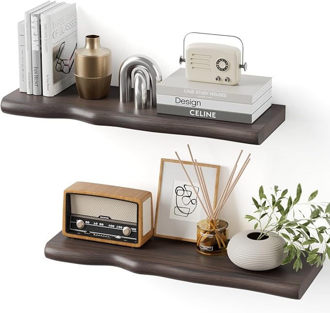 Solid Wood Live Edge Floating Shelves Set of 2 – 24" Rustic Wall Shelf with Hidden Bracket System, Wall Mounted Shelves for Bathroom, Kitchen, Living Room, Bedroom (Grey)