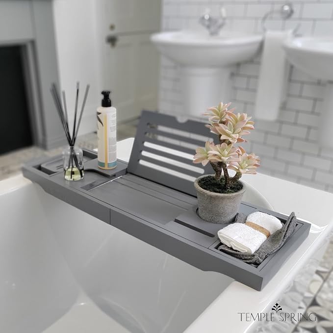 Temple Spring Bamboo Bathtub Tray Caddy for Tub — Expandable Wood Bath Tray with Solid Book Stand Wine Holder and Non-Slip Pads — Includes Bamboo Soap Dish and Spa Accessories — Luxury Bath Gift Set