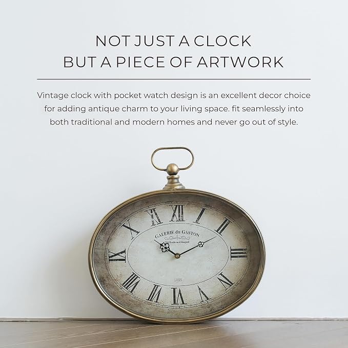 Vintage Decorative Wall Clock - 16 inch, Distressed Gold, Oval Pocket Watch Design, Roman Numerals, Battery Operated, Large Antique Style for Living Room, Kitchen, Bedroom Decor