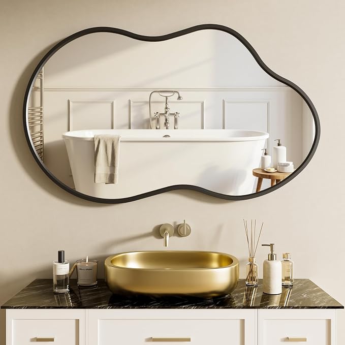36”x 24” Irregular Wall Mirror, Black Mirrors for Over Sink, Framed Modern Bathroom Mirror, Wall Decorative for Entryway Living Room Bedroom Vanity Asymmetrical Mirror Horizontal/Vertical