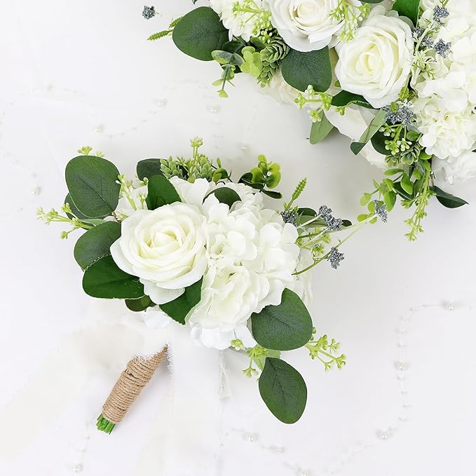 Set of 4 Bridesmaid Bouquets for Wedding - Silk Artificial Ivory Bridesmaid Flowers, Pre-Made Roses Sage Green Boho Bridal Floral for Bride Party Ceremony Anniversary Decoration - 9inch