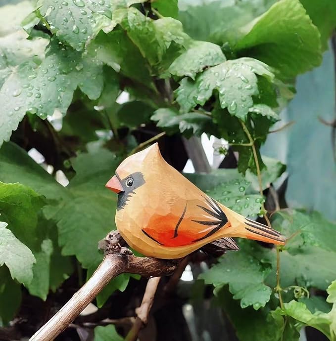 Handmade Wooden Northern Cardinal Figurine - 3.7" Hand-Carved Female Bird Statue - Solid Basswood Bird Sculpture for Home Decor, Christmas Ornament, Memorial & Bird Lover Gift