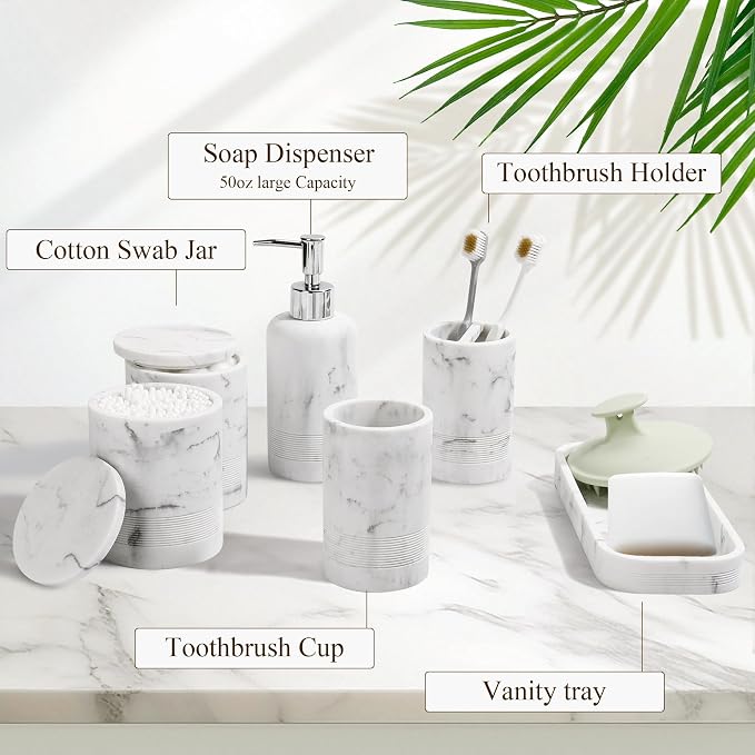 LIN CHUAN 6-Piece Bathroom Accessories Set, Organizer Set with Soap Dispenser, Toothbrush Holder Set, Vanity Tray, Tumbler & 2 Cotton Swab Jars – Modern Stylish Bathroom Storage(Marble White)