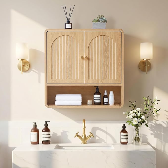 Wall Storage Cabinet with Adjustable Shelf, Over the Toilet Storage Cabinet for Bathroom, Light Wood Color Medicine Cabinet Organizers for Bathroom, Laundry Room, Kitchen (Natural)