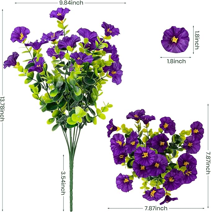 Artificial Faux Flowers for Outdoor 16 Bundles Boxwood Fake Morning Glory for Planter,UV Resistant Fake Flowers for Home Porch Patio Outside（Purple）