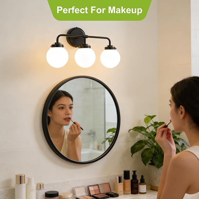 Bathroom Light Fixtures, 18.26'' Black Vanity Light, Modern 3 Lights Wall Sconce with Milky Glass Globe Shade, Mid-Century Bathroom Lighting Fixtures Over Mirror for Bathroom, Living Room