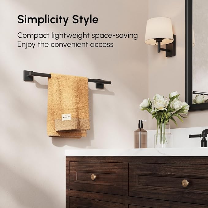 USHOWER Matte Black Towel Bar, 18 Inch Towel Racks for Bathroom Wall Mounted, 304 Stainless Steel Towel Holder with Square Base, Modern Home Decor (Total Length 20 Inch)