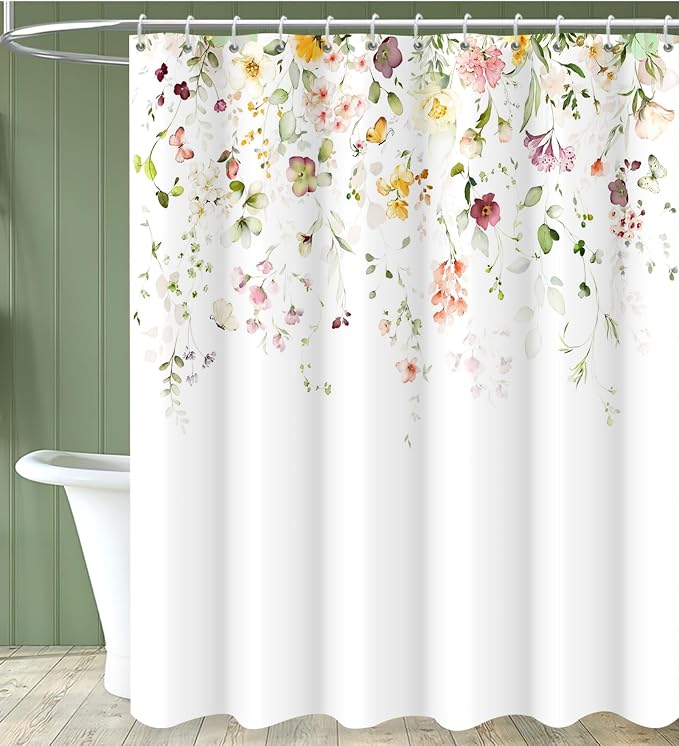 Spring Flower Extra Long Shower Curtain, Floral Colorful Nature Machine Washable Waterproof for Bathroom Bathtub Decor with Hooks 72Wx78H