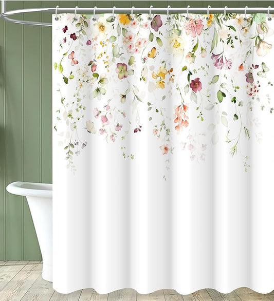 Floral Shower Curtain, Watercolor Flower Colorful Wildflower Machine Washable Waterproof Fabric for Bathroom Bathtub Decor with Hooks 72x72
