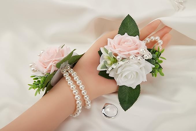Meldel Wrist Corsage for Wedding White and Pink Rose, Set of 6, Wrist Corsages for Bride Bridesmaid Mother Wrist Flower Girl Women Prom Party, Homecoming Ceremony Anniversary