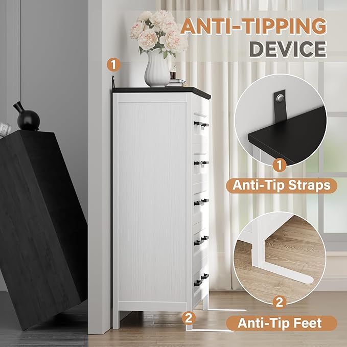JUMMICO White Dresser Tall for Bedroom,Wooden 5 Drawer Dresser for Nursery,Chest of Drawers for Bedroom, Closet Storage Organizer for Living Room, Hallway, Closet (Black&White)