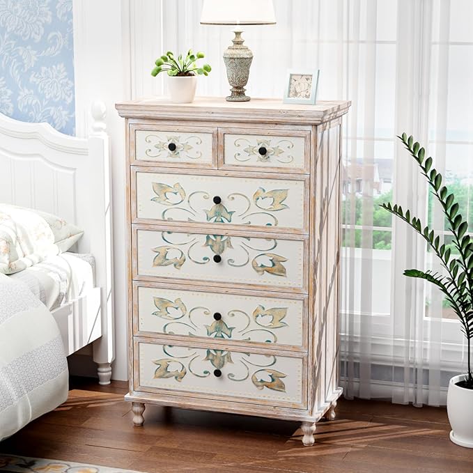 VINGLI Dresser Wood Chest of Drawers for Bedroom, Tall Dresser 6 Drawer Chest Boho, Wooden Dressers with Drawers and Solid Wood Legs, Rustic Washed White