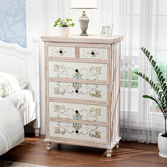 VINGLI Dresser Wood Chest of Drawers for Bedroom, Tall Dresser 6 Drawer Chest Boho, Wooden Dressers with Drawers and Solid Wood Legs, Rustic Washed White
