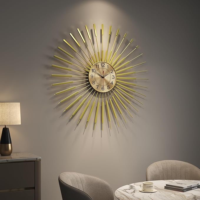 Cuspin 30 Inch Large Wall Clock Gold Clock Wall Decor, Mid Century Modern Sunburst Silent Non Ticking Battery Operated Decorative Metal Wall Clocks for Living Room, Dining Room, Bedroom, Office