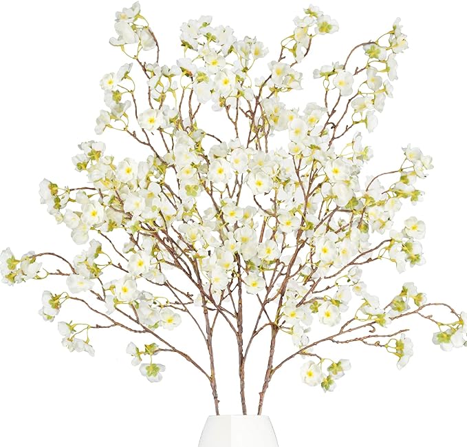 Uieke 3PCS Artificial Cherry Blossom Flowers, 40.5in Silk Cherry Blossom Branches Long Stems Fake White Flowers Arrangements for Wedding Home Japanese Sakura Room Decor