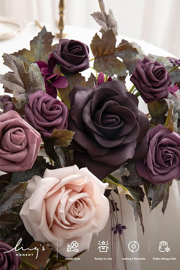 Ling's moment 9FT Flower Garland for Backdrop Decorations - Wedding Arch Flowers, Eucalyptus & Rose, Artificial Floral Garland for Mantle - Sweetheart Table Decor for Beach Reception, Purple