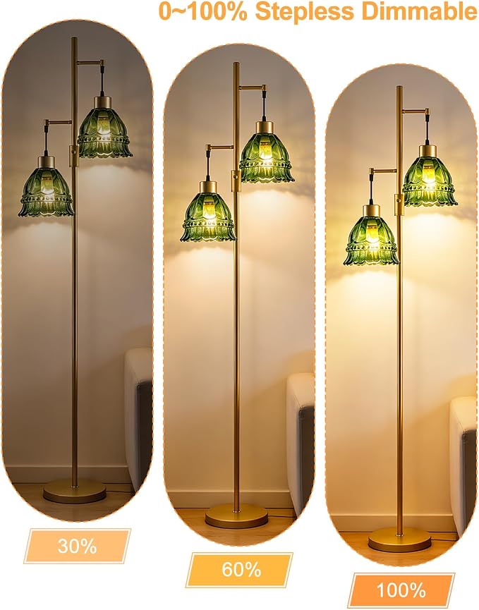 Lightdot 65IN Glass Floor Lamp for Living Room, 2- Light Gold Flower Floor Lamps with Green Glass Lampshade, 3000K Warm White Modern Standing Tall Lamp with 5Lbs Heavy Base for Bedroom Corner