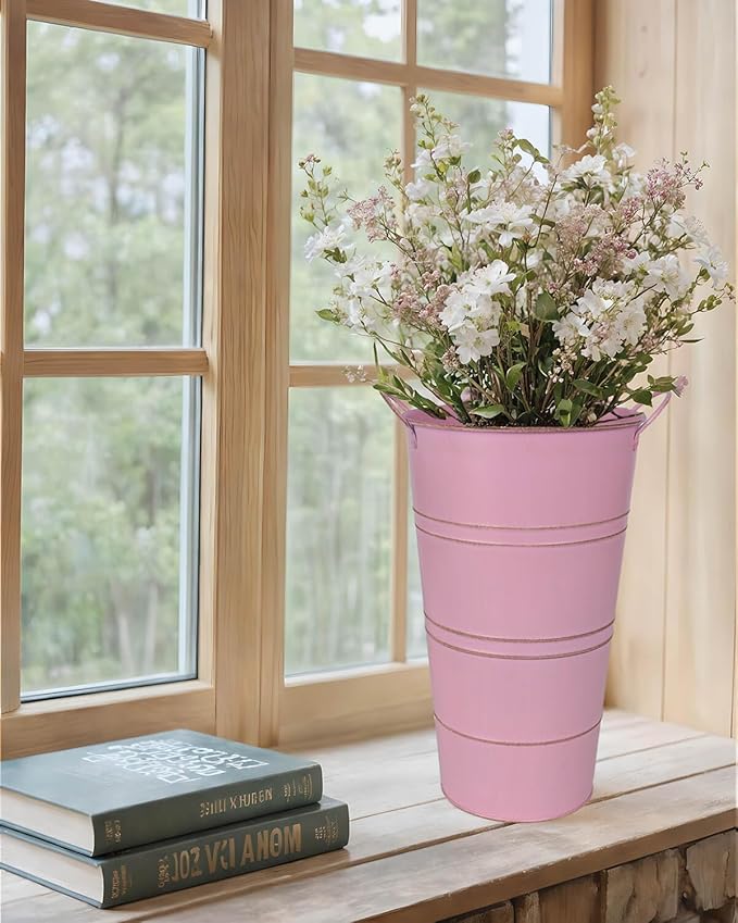 12 Inch Galvanized Metal Vases for Flowers - 6 Pcs Farmhouse Decorative Tall Flower Bucket with Handles, Rustic French Tin Planter Buckets for Wedding Decor (Pink)