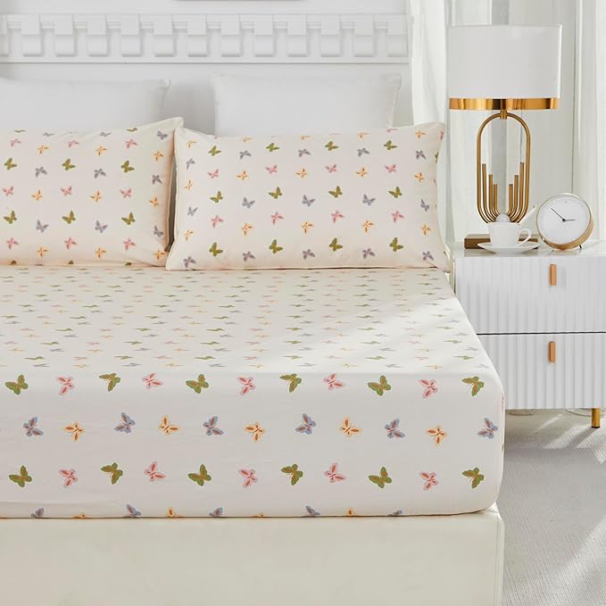 Brandream Sheet Set Butterfly Bed Sheets for King Size Bed, Women Girls Sheets Deep Pockets, Garden Butterfly Farmhouse Style 4 Pieces