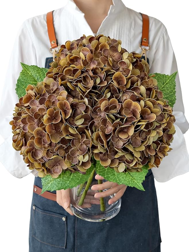 Yellowish Brown Fall Hydrangea Artificial Flowers, 3PCS 21” Latex Large Real Touch Flowers, Faux Silk Flowers Fake Hydrangeas with Stems for Bouquet Table Centerpieces Halloween