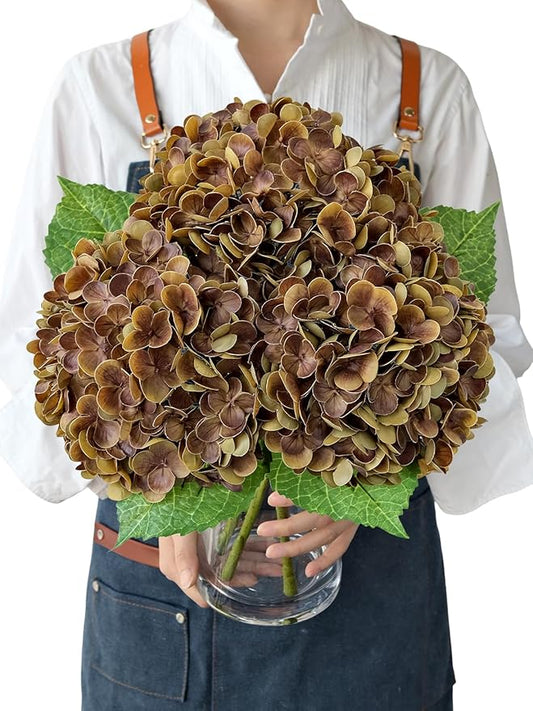 Yellowish Brown Fall Hydrangea Artificial Flowers, 3PCS 21” Latex Large Real Touch Flowers, Faux Silk Flowers Fake Hydrangeas with Stems for Bouquet Table Centerpieces Halloween