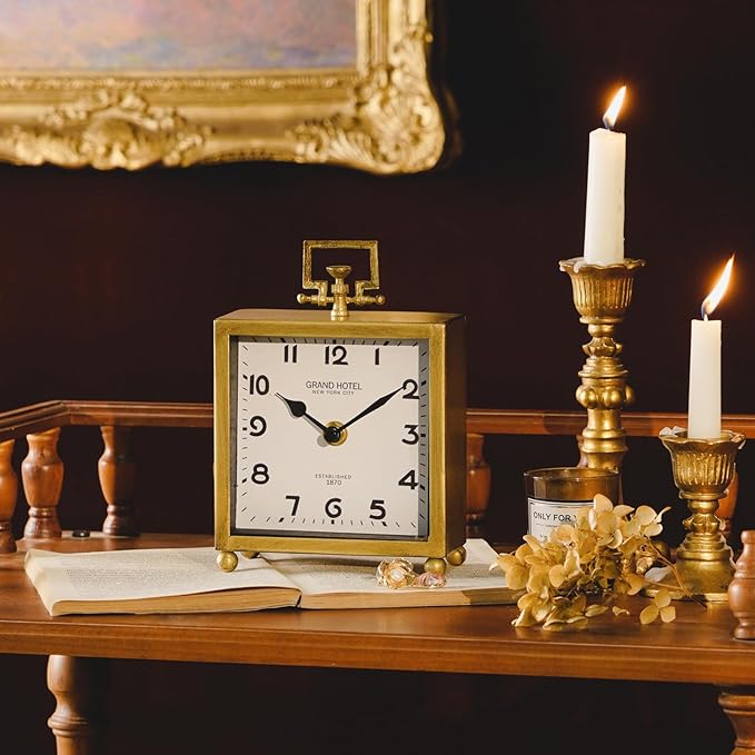 NIKKY HOME Small Gold Table Clock, Silent Non-Ticking Classic Battery Operated Decorative Mantel Desk Shelf Clock for Living Room Decor