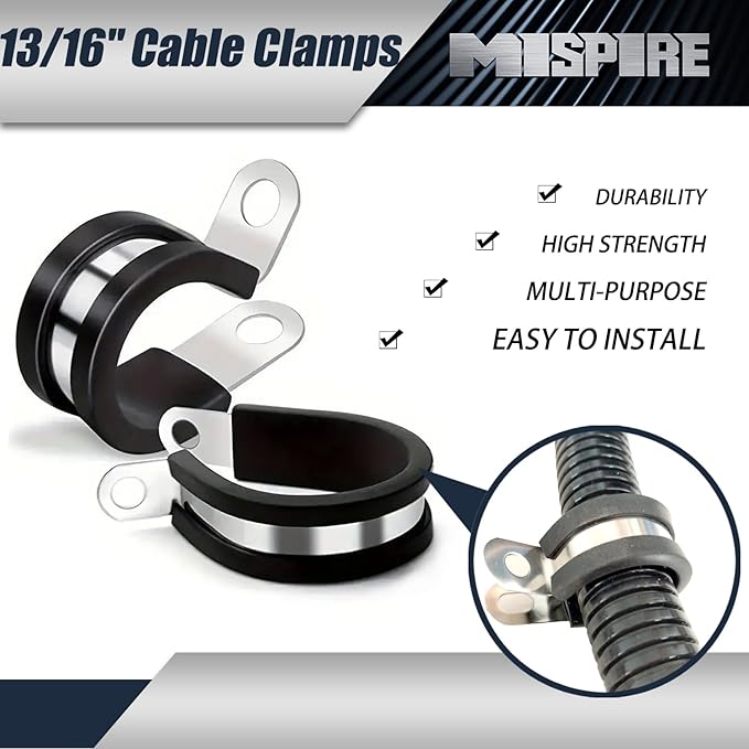 13/16 Inch Rubber Cable Clamps 50 PCS, 304 Stainless Steel Hose Pipe Clamps, Automotive Wire Rubber Insulated Clamps, Metal Clamps for Tube, Pipe and Wire Cord Installation