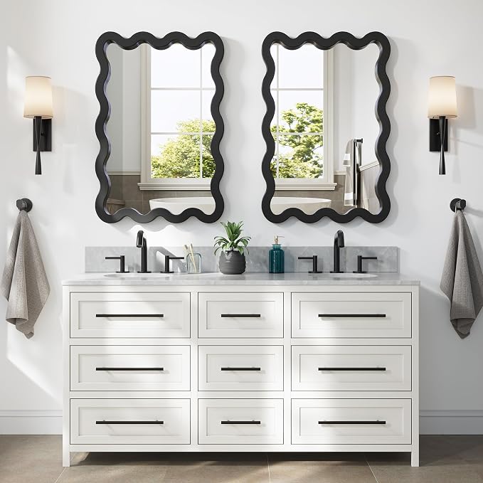 24"x36" Matte Black Wavy Wall Mirror for Bathroom Vanity, Large Solid Wood Asymmetrical Mirror, Irregular Squiggle Mirror for Bedroom, Modern Funky Aesthetic Decor