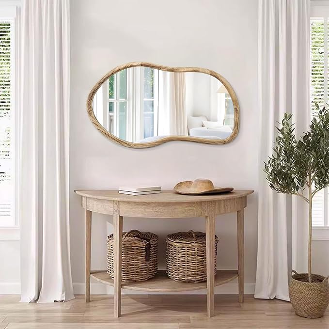 Irregular Wall Mirror Wood Asymmetrical Mirror Large Bathroom Vanity Mirrors Natural Wood Framed Abstract Mirrors for Wall Living Room Bedroom Decorative