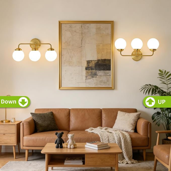 Bathroom Light Fixtures, 18.26'' Gold Vanity Light, Modern Brass 3 Lights Wall Sconce with Milky Glass Globe Shade, Small Bathroom Lighting Fixtures Over Mirror for Bathroom Living Room