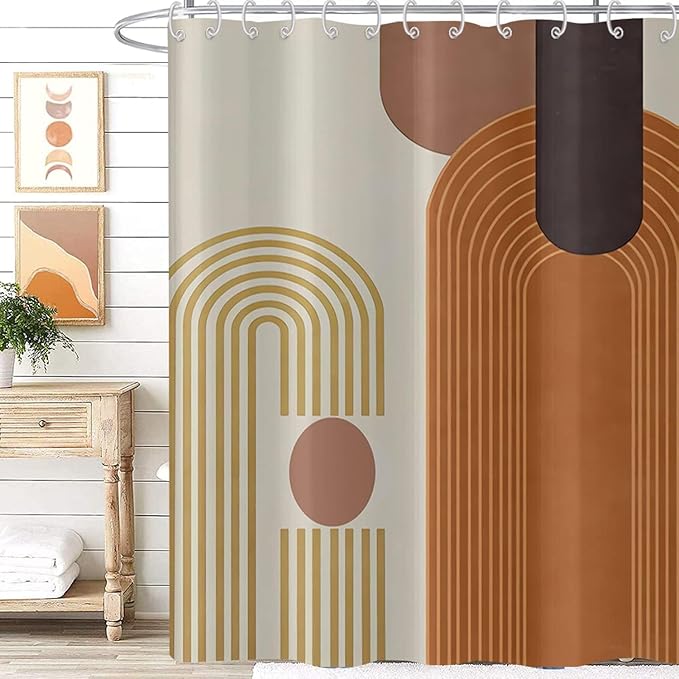 Mid Century Modern Extra Long Shower Curtain, Boho Brown Arch Geometric Machine Washable Waterproof for Bathroom Bathtub with Hooks 72Wx84H