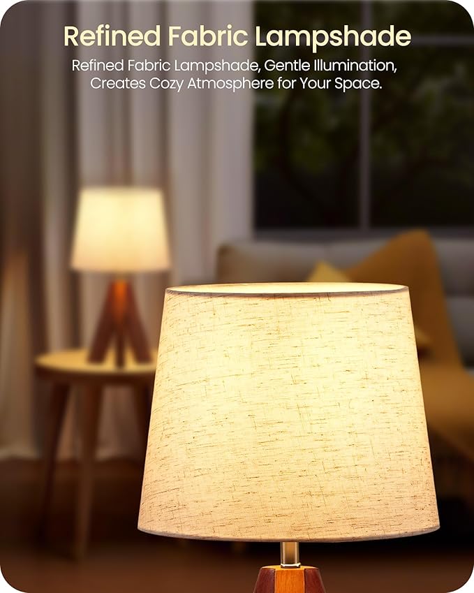Tripod Table Lamp, 14.6 Inch Small Bedside Lamp with Beige Linen Shade, Modern Nightstand Lamp for Bedroom, Kids Room, Living Room, Nursery, Office, E26 Socket, Dark Wood Base, LE51TL05