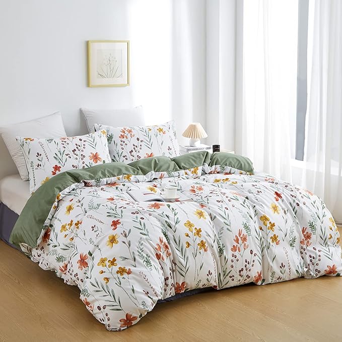 Nayoroom White Floral Duvet Cover King Size Green Botanical Leaf Yellow Flowers Printed Reversible Striped Bedding Set 3 Pieces Soft Microfiber Garden Style Comforter Cover with Zipper Ties