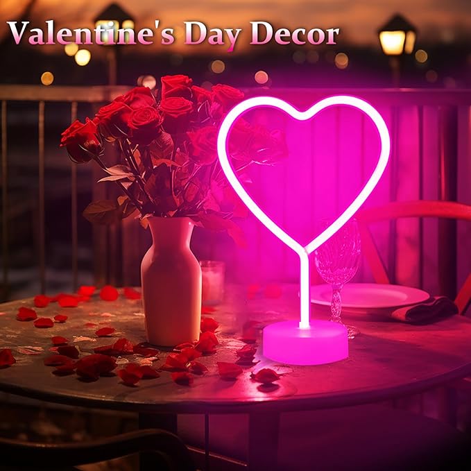 BHCLIGHT Pink Heart Neon Sign, Valentines Day LED Neon Light Battery Operated or USB Powered Valentines Pink Heart Lights, Table Lamp for Galentines Day Decorations, Wedding, Gifts for Women, Lover.