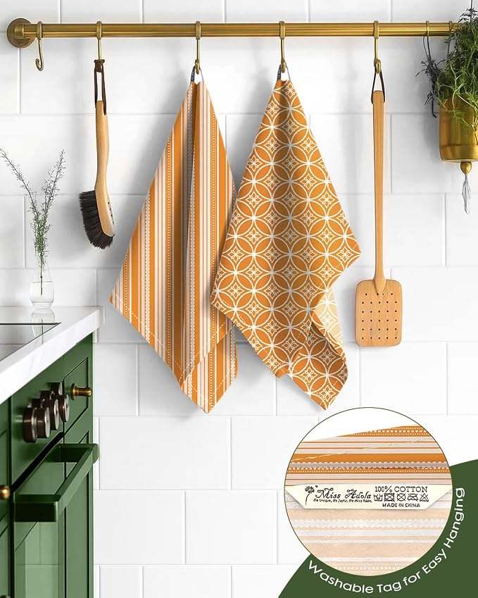 Miss Adola 2 Pack Flour Sack Kitchen Towels - 16x26 Inch Cotton Dish Towels with Hanging Loop Reusable Geometric Boho Modern Retro Tea Towel Absorbent Dishcloths Home Decor, Orange Stripe