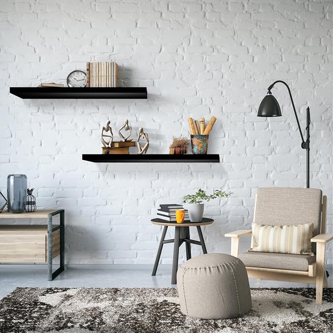 SAUMONIERES 24 Inch Floating Wall Shelves for Bedroom Bathroom Wall Mounted Solid Wood Shelf Storage Decor Set of 2, Black Floating Shelves