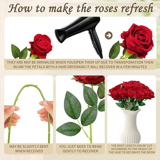 22 Pcs Artificial Roses - Realistic Velvet Flowers with Stems, Bulk Faux Roses for Home Wedding Party Decor (red)