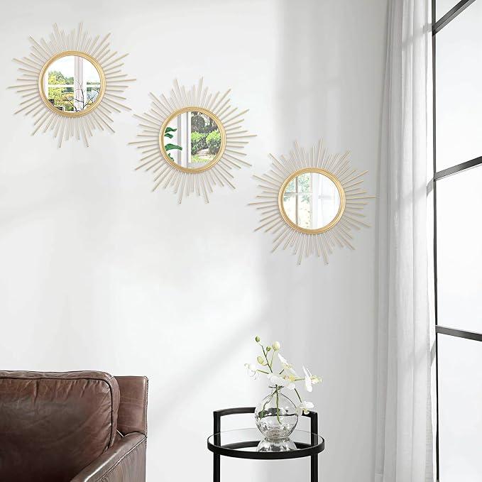 3 Pack Metal Mirrors for Wall Gold Sunburst Wall Mirrors Home Décor Art Decorative Modern Bohemian Hanging Wall Art for Living Room Bedroom Bathroom Entryway Small 12''