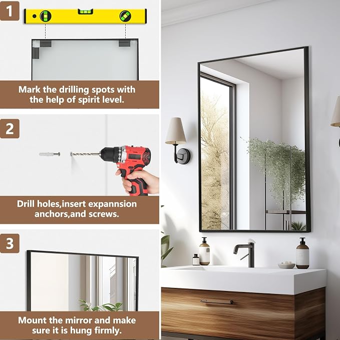 Black Bathroom Mirror, 30"x36" Rectangle Mirror, Matte Black Mirror, Metal Frame Square Corner Vanity Mirror, Wall Mounted Mirror for Modern, Living Room, Bedroom, Horizontal Or Vertical