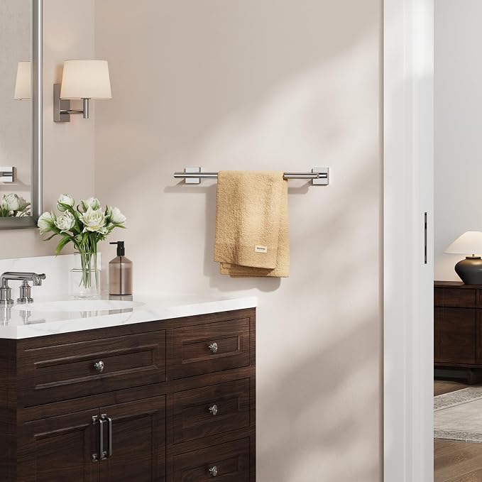 USHOWER Polished Chrome Towel Bar, 18 Inch Towel Racks for Bathroom Wall Mounted, 304 Stainless Steel Towel Holder with Square Base, Modern Home Decor (Total Length 20 Inch)